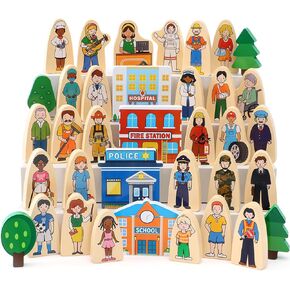 Atoylink 36Pcs Wooden Community Helpers Pretend Play Toys for Kids 3 4 5 6 Year Old, Little People Figures Wooden Blocks Occupations Dress up Toddlers Preschool Learning Toys Boys Girls Birthday Gifts