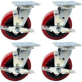 عجلات ICON Caster مقاس 6 بوصة × 2 بوصة، عجلات صناعية شديدة التحمل، لوحة علوية 4 بوصة × 4.5 بوصة، حمراء، 4 دوارة مع فرامل قفل علوية، عجلة بولي يوريثين Pro-Tech لا تحمل علامات، سعة تحميل 3600 رطل. لكل مجموعة (4 عبوات)
