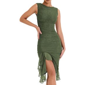 CHARTOU Women's Summer Sleeveless Backless Stretchy Bodycon Ruffled Y2K Tulle Tank Dress