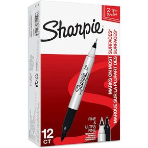 Sharpie Twin Tip Permanent Markers | Fine & Ultra-Fine Points | Black | 12 Count