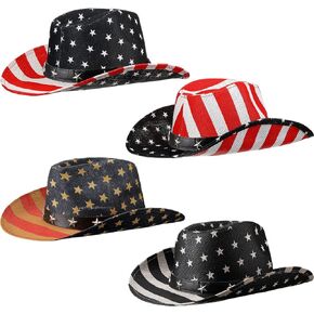 Bonuci 4 Pcs USA American Flag Cowboy Hat Patriotic Cowboy Hat Unisex Vintage Classic Style Western Hat with Shape Brim for Men Women Costume Independence Day Decoration Supplies and Summer Parties in Saudi Arabia