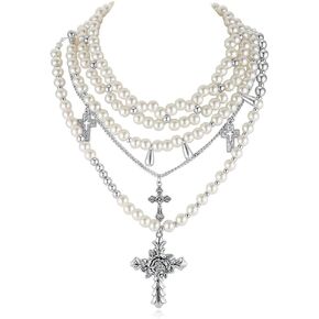 Pearl Choker Necklace for Women Statement Gothic Cross Stacked Necklace Y2K Layered Necklace for Women Girls