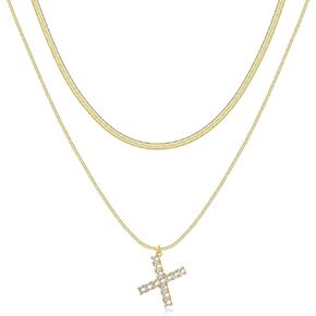 NUZON Layering Initial A-Z Letter Pendant Necklaces for Women 14k Gold Plated Double Snake Chain Choker Personalized CZ Capital Necklace Adjustable Jewelry Gift 16’’/18’’