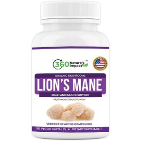 360 Nature's Impact Lions Mane Mushroom Capsules (150), Promotes Mental Clarity, Focus and Memory - Organic Lions Mane Supplement with Beta-Glucans & Hypromellose for Cognitive System