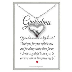Large Sterling Silver Puffed Heart Charm Necklace for Women, Heart Necklace Gift for Grandma, Grandmother Birthday Gift Necklace (20 inches with 2-inch extender)
