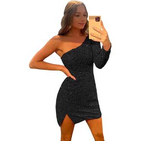 POMUYOO Women's One Shoulder Homecoming Dresses for Teens 2024 Sparkly Short Long Sleeve Sequin Cocktial Gown