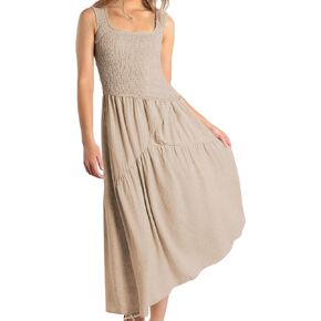 Women Folk Shirred Plain Square Neck Sleeveless Backless Smocked Layered Casual Pleated A-Line Swing Midi Tank Top Dress