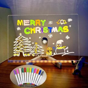 لوحة ملاحظات LED USB مع قلم 12 لونًا، لوحة رسائل مذكرة متوهجة من الأكريليك مع ضوء وحامل، لوحة رسم قابلة للمسح الجاف مع هدية خفيفة لعيد الميلاد ورأس السنة وعيد الحب (20 * 20 سم)