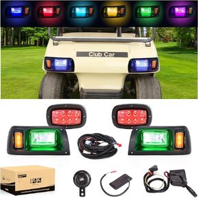 10L0L Golf Cart Deluxe Headlight &Tail light Kit for Club CAR DS, RGB Music Daytime Light, High/Low Beam Turn Signal Light Hazard Brake Light and Horn, 16V-80V Wide Voltage Input