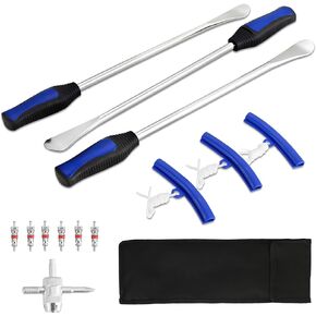 DASBET 14.5" Tire Spoon Tool Kit, Tire Changing Tools Removal Tools for Motorcycle, Dirt Bike, ATV, Including 3 Tire Spoons, 3 Rim Protectors, 6 Valve Cores, 1 Valve, 1 Portable Bag