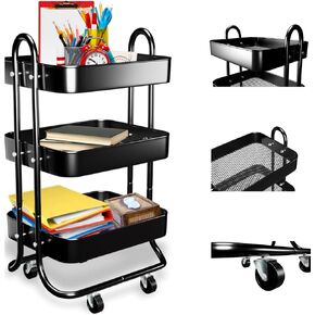 Buydiverse Rolling Carts with Wheels - 3-Tier Utility Organizer, Metal Frame Kitchen Cart, Plastic Baskets, Portable Rolling Cart with Wheels