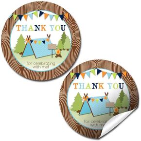 Camping Boy Birthday Party Thank You Sticker Labels, 40 2" Party Circle Stickers by AmandaCreation, Great for Party Favors, Envelope Seals & Goodie Bags