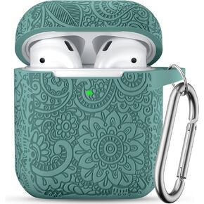 Odbeai for AirPod Case 2nd 1st Generation Case Cover, Flower Engraved Full Protective Case Compatible with Apple AirPod Charging Case with Keychain, Soft Silicone Pattern, Front LED Visible, Black