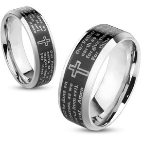Lord's Prayer Black Beveled Edge IP Stainless Steel Ring with Cross