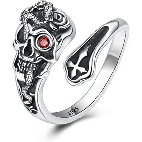 Vintage Skull Spoon Ring for Women Men - 925 Sterling Silver Gothic Adjustable Cross Spoon Ring Gift Jewelry for Halloween Christian Birthday