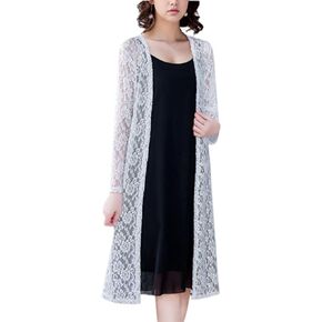 FindThy Women’s Casual Long Duster Cardigan 3/4 Sleeve Open Front Embroidered Lace Kimono Cover Up