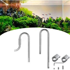 Inflow and Outflow Pipe Set, 12mm/16mm 304 Stainless Steel Fish Tank Lily Pipe Adjustable Inlet Outlet Water Pipe Removes Surface Scum Pipe for Aquarium Tank with 2 Holders (12mm)