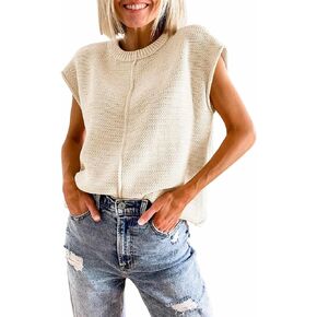 SOMTHRON Women's Crew Neck Short Cap Sleeve Sweater Vest Casual Loose Fit Solid Lightweight Knit Pullover Top