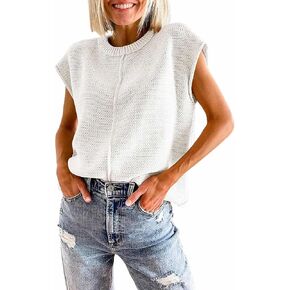 SOMTHRON Women's Crew Neck Short Cap Sleeve Sweater Vest Casual Loose Fit Solid Lightweight Knit Pullover Top
