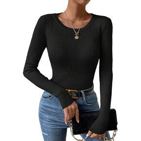SweatyRocks Women's Solid Ribbed Knit Round Neck Sweater Long Sleeve Slim Fit Pullover Tops