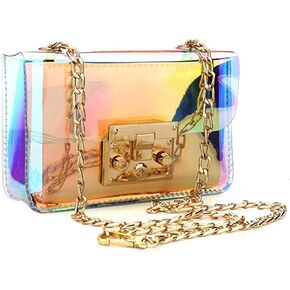 Holographic Clear Purse Crossover Shoulder Messenger Bag Laser Sling Purse with Golden Chain