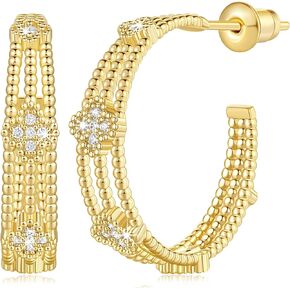 Hoops 14K Gold Hoop Earrings for Women Thick Gold Earrings Hoops Cubic Zirconia Earrings for Women Flower Accents Beads 20mm