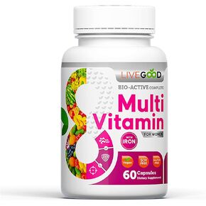 LIVEGOOD™ Women's Bio-Active Complete Multivitamin with Iron, Vitamin A, B12, C, E, Lycopene, Vegan, 60 Capsules