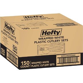 Hefty Individually Wrapped Plastic White Heavy-Duty Cutlery, Disposable Flatware, 150 Piece Set