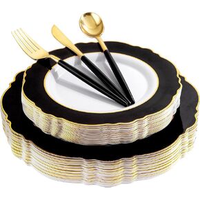 WDF 30Guest Gold Plastic Plates Disposable - Gold Plastic Silverware With White Handle Baroque Plates Disposable for Weddings, Parties, Mother's Day