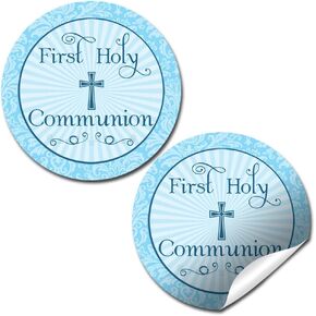 First Holy Communion Religious Thank You Sticker Labels for Boys 40 2" Party Circle Stickers by AmandaCreation, Great for Party Favors, Envelope Seals & Goodie Bags