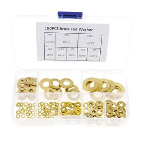 180PCS Brass Flat Washer Assortment Set 8 Sizes M2 M2.5 M3 M4 M5 M6 M8 M10 Pad Sheet Metal Collar Sealing Rings with Storage Box