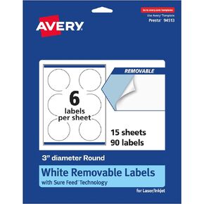 Avery Matte White Removable Round Labels with Sure Feed Technology, Print-to-The-Edge, 3" Diameter, 150 Removable Labels, Laser/Inkjet Printable Labels