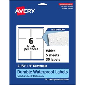 Avery Durable Waterproof Rectangle Labels with Sure Feed, 3-1/3" x 4", 30 Oil and Tear-Resistant Labels, Laser/Pigment-Based Inkjet Printable Labels (36569)