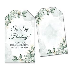 25 Sip Sip Hooray Tags with Green Leaves for Wedding Thank You Wine, Champagne, Cider Bottles