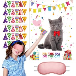 38 Pieces Pin The Hat on The Cat Party Games Cat Party Games Cat Poster for Kids with Blindfolds and Stickers Cat Themed Birthday Party Supplies Cute Cat Party Game