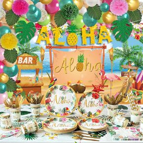 Hawaiian Luau Birthday Party Decorations Supplies,211 PCS Aloha Tropical Party Supplies for Summer Beach Decor (20 Guest) with Paper Plate Cup Napkin Straws Tablecloth Backdrop Balloon Kit
