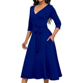 Magritta Midi Dresses for Women Casual 3/4 Sleeve Wrap Dress Plus Size Curvy Cocktail Dresses with Pockets
