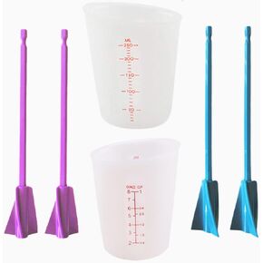 Silicone Resin Measuring Cups Tool Kit, 2PCS 250ml Measuring Cups for Epoxy Resin, 4pcs Resin Mixer Paddles Stir Sticks,Mixing Tools for Resin,Molds,Jewelry Making, Easy to Clean Purple+Teal