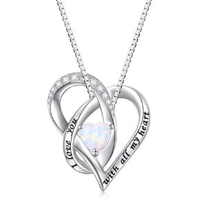Women Girls Opal Heart Necklace Mother Daughter Jewelry 925 Sterling Silver Hold Pictures Locket Pendant Engraved I Love You Birthday Christmas Gifts