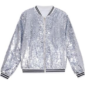 A ARFAR Women Sequin Jackets Flip Striped Collar Glitter Varsity Striped Bomber Sparkly Coat Party Outwear Ladies Shiny Cloth