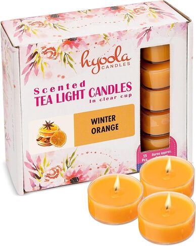HYOOLA Scented Tealight Candles - Clear Cup - Winter Orange Tealight Candles Scented - 6 Hour Burn Time - 15 Pack - European Made in Saudi Arabia