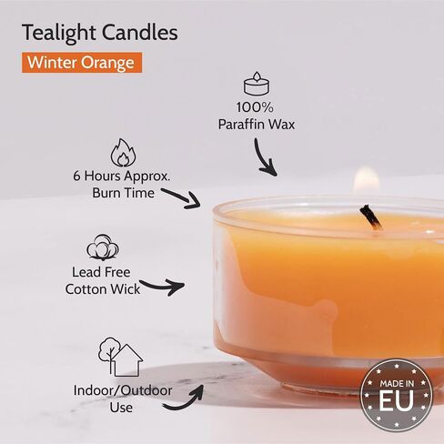 HYOOLA Scented Tealight Candles - Clear Cup - Winter Orange Tealight Candles Scented - 6 Hour Burn Time - 15 Pack - European Made in Saudi Arabia