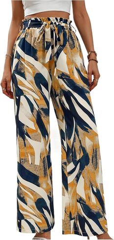 Floerns Women's Boho Allover Print Elastic Waist Belted Wide Leg Pants in Saudi Arabia