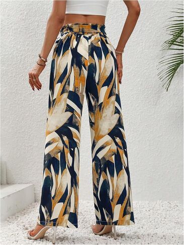 Floerns Women's Boho Allover Print Elastic Waist Belted Wide Leg Pants in Saudi Arabia