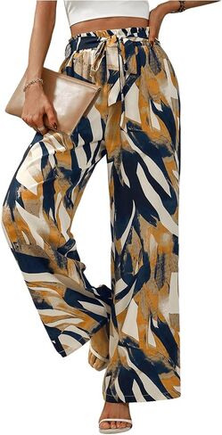 Floerns Women's Boho Allover Print Elastic Waist Belted Wide Leg Pants in Saudi Arabia