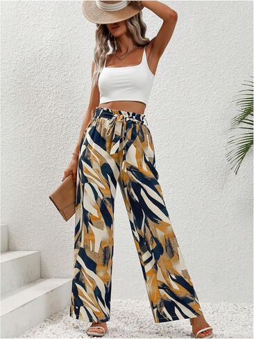 Floerns Women's Boho Allover Print Elastic Waist Belted Wide Leg Pants in Saudi Arabia