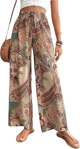 Floerns Women's Boho Allover Print Elastic Waist Belted Wide Leg Pants in Saudi Arabia