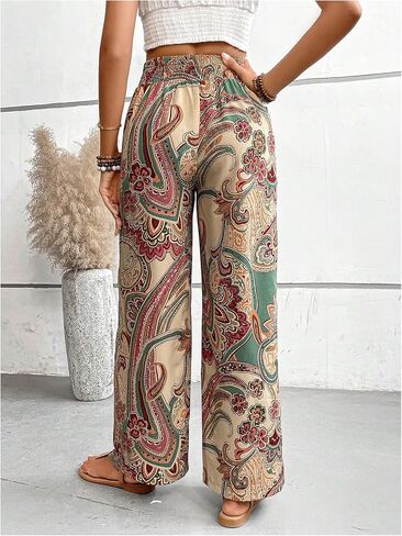 Floerns Women's Boho Allover Print Elastic Waist Belted Wide Leg Pants in Saudi Arabia