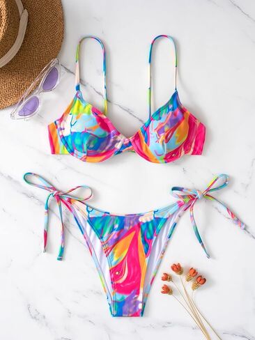 GORGLITTER Women's 2 Piece Push Up Bikini Set Allover Print Thong Swimsuit Tie Side Bathing Suits in Saudi Arabia