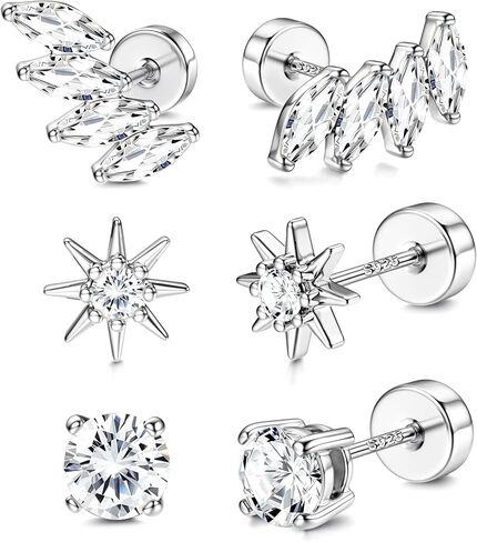 Dochais Flat Back Sterling Silver Earrings 14K Gold Plated Hypoallergenic Stud Earrings for Women Men Tragus Helix Piercing Jewelry Small Cubic Zirconia Cartilage Earring Sets in Saudi Arabia